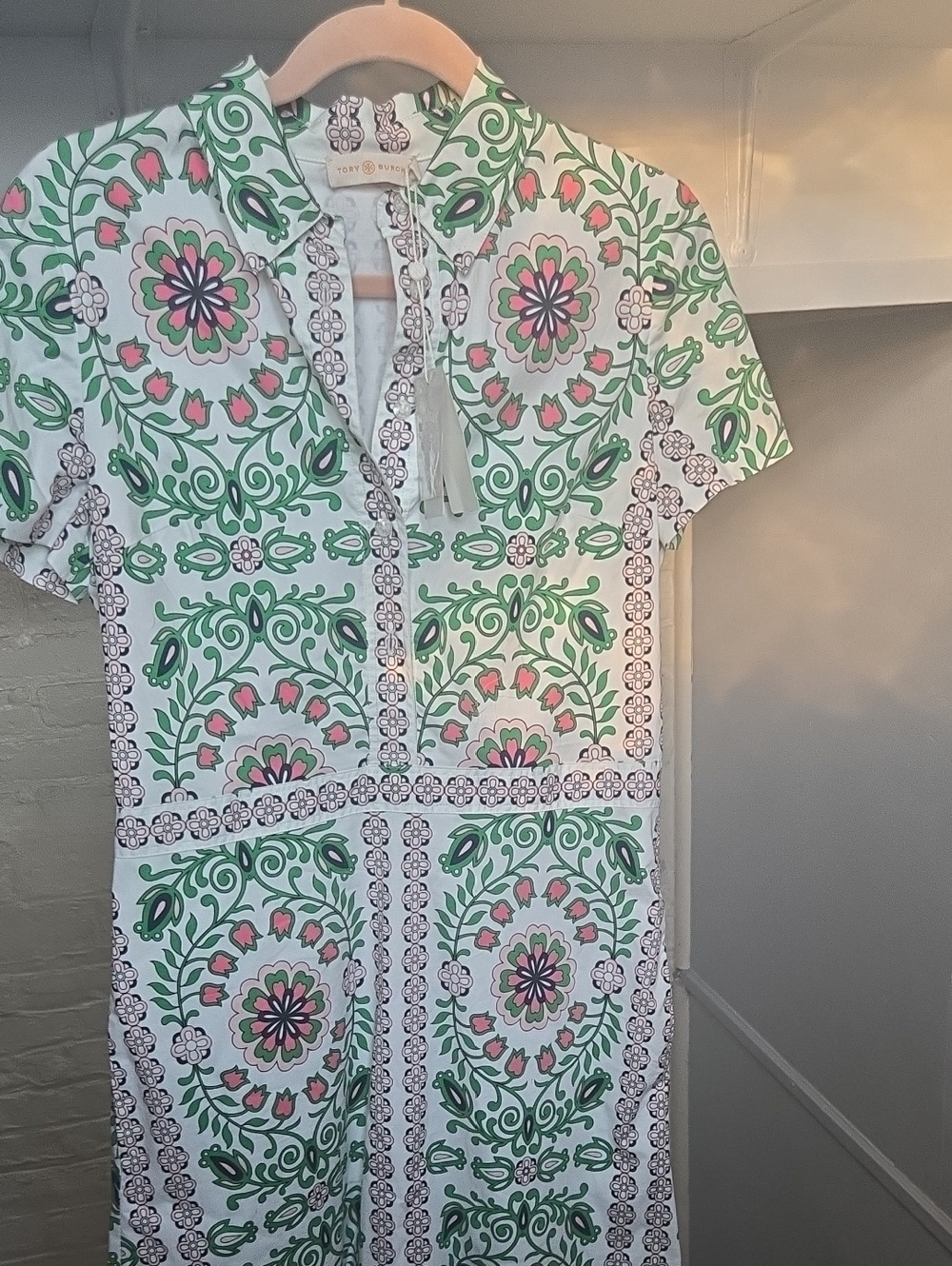 Tory Burch White Dress with Green and Pink Medallion Print